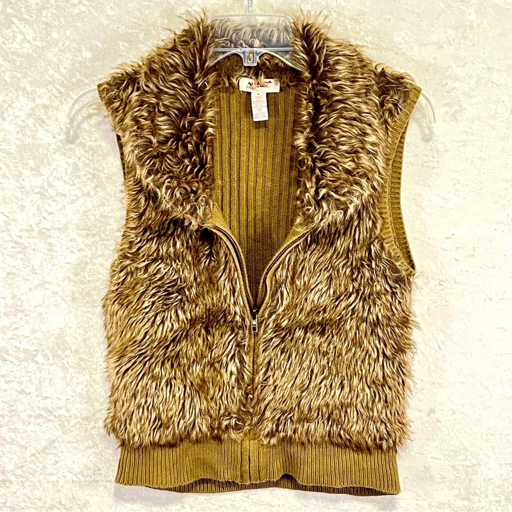 ARIZONA JEAN CO Vest Brown Faux Fur Womens M Full Zip‎ Ribbed Knit Academ…